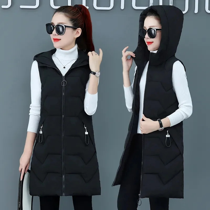 2025 Winter Sleeveless Waistcoat Women Warm Puffer Jacket Ultra Light Mid Long Down Cotton Vests Female Outwear Casual Tops 251029