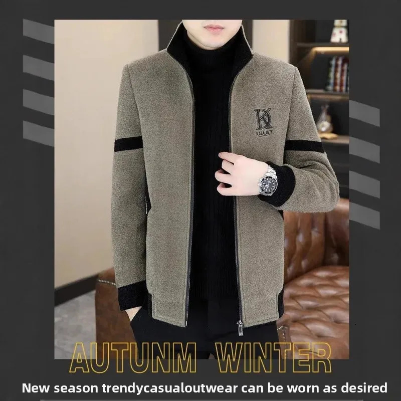 Mens Fashionable Woolen Jacket Autumn Winter Thickened Fleece Lined Stand Collar Casual Stylish Leisure Tweed Coat 251029