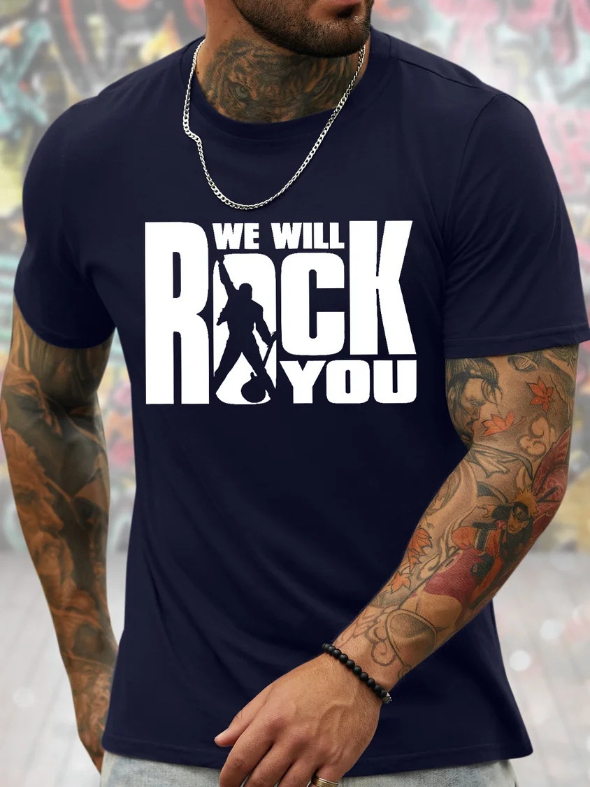 European & American Oversized Men's Rock-Inspired Graphic Print Loose-Fit Casual Cotton Letter T-Shirt - TT7380