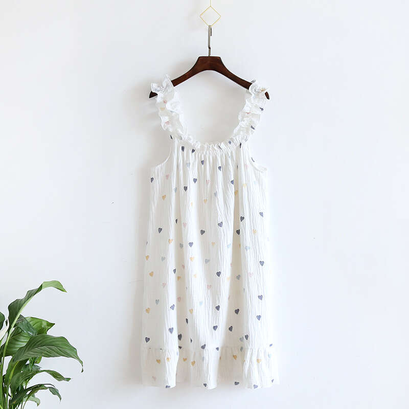 Nightdress for Women Summer Gauze Pure Cotton Thin Strap Nightgown Loose Mid-Length Sweet Cute Long Dress Homewear