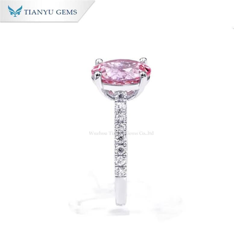 Tianyu Gems 8X10mm Oval pink Lab Sapphire Ring Moissanite DEF Diamonds 14k White Gold Wedding Engagement Rings Jewelry for Women