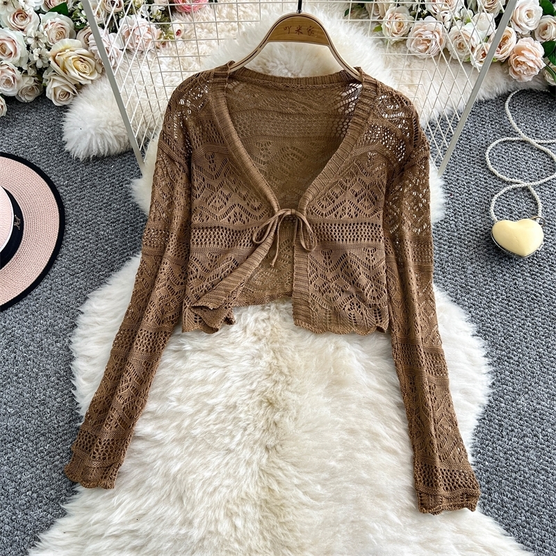 Women Tie Front Crop Cardigan Sheer Openwork Crochet Knit Top Lightweight Bolero Sweater Summer Fairycore Boho Chic Beach Outfit 251010