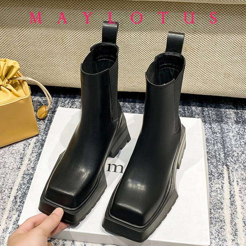 Women Cow Leather Square Toe Fashion Slip On Thick Sole Block Heel Ladies Flat Shoes Winter Ankle Boots