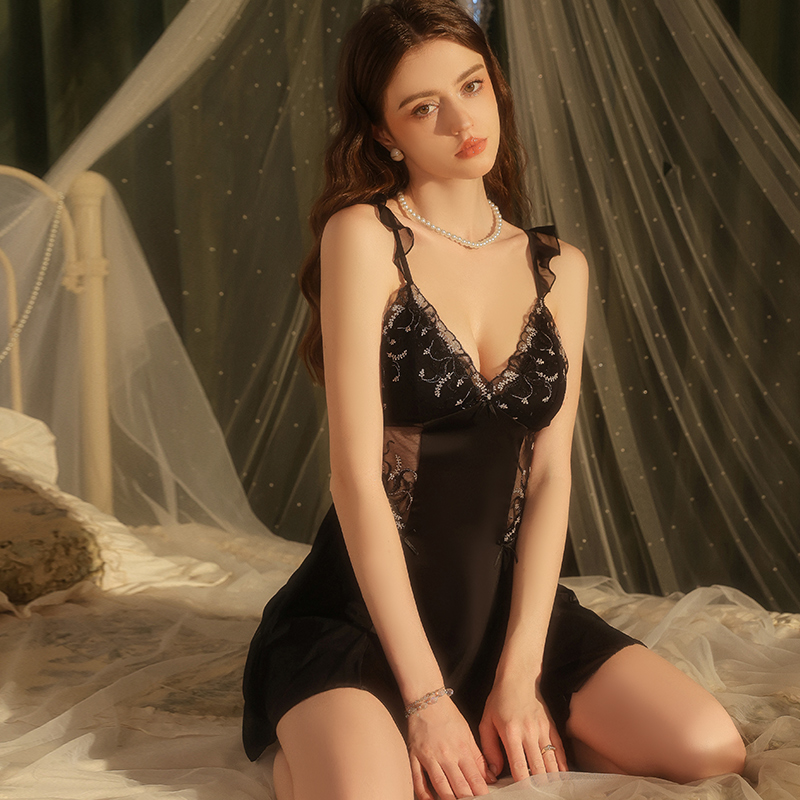 Sexy lace hollow-out camisole nightdress satin embroidery sheer alluring nightgown women's see-through sexy clothing, Valentine's Day and Ch