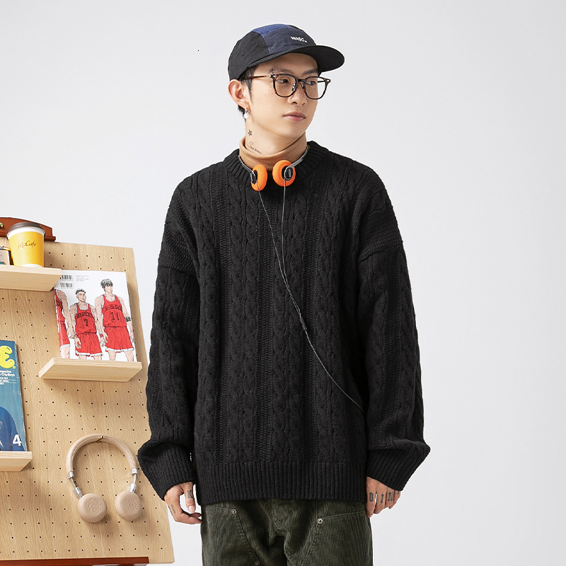 Hanlu Men's Cable Knit Solid Color Crew Neck Sweater Designer Sweater Unisex Autumn Winter Loose Knitwear Cardigan