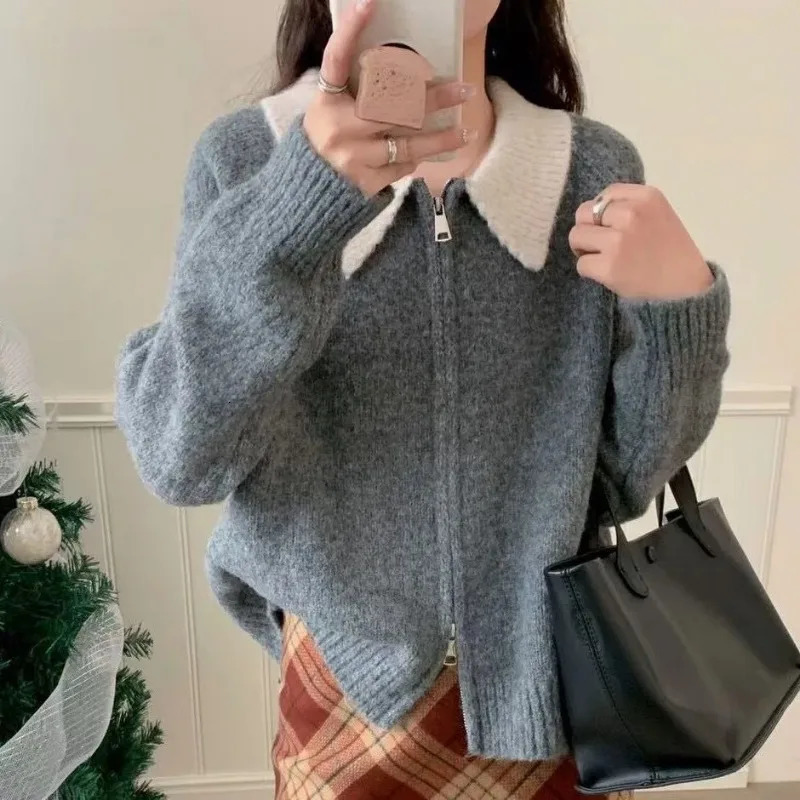 Women Clothes Autumn Winter Fashion Korean Simplicity Zipper Color Blocking Knitting Polo Collar Female Appear Thin Sweater Coat 251029
