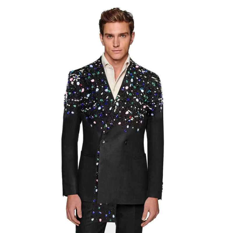 Luxury Men's Suit 2 Pieces Blazer Pants Double-Breasted Peak Lapel Shiny Crystal Diamonds Causal Party Prom Customized