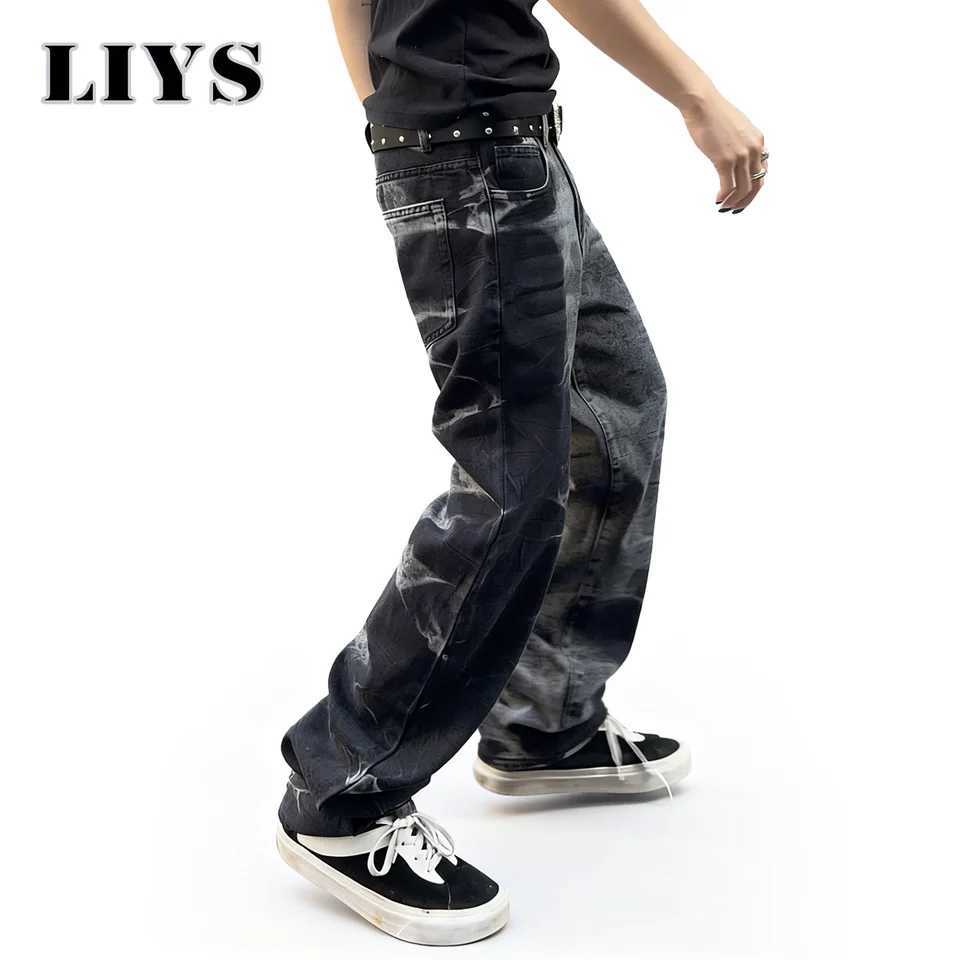 Autumn Mens Black Personalized Straight Leg Retro Jeans American Street Splashed Ink Loose Unisex Denim Pants Trendy Trousers J2510301