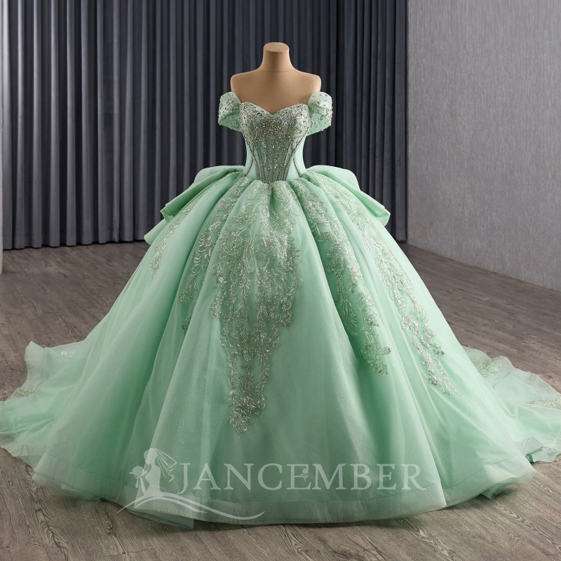 Mint Green Shiny Quinceanera Dresses Off The Shoulder Sequin Applique Lace Beading Tull Party Birthday Sweet 16 Dress Vestidos 15 Anos