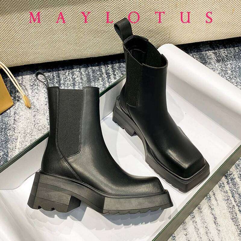 Women Cow Leather Square Toe Fashion Slip On Thick Sole Block Heel Ladies Flat Shoes Winter Ankle Boots