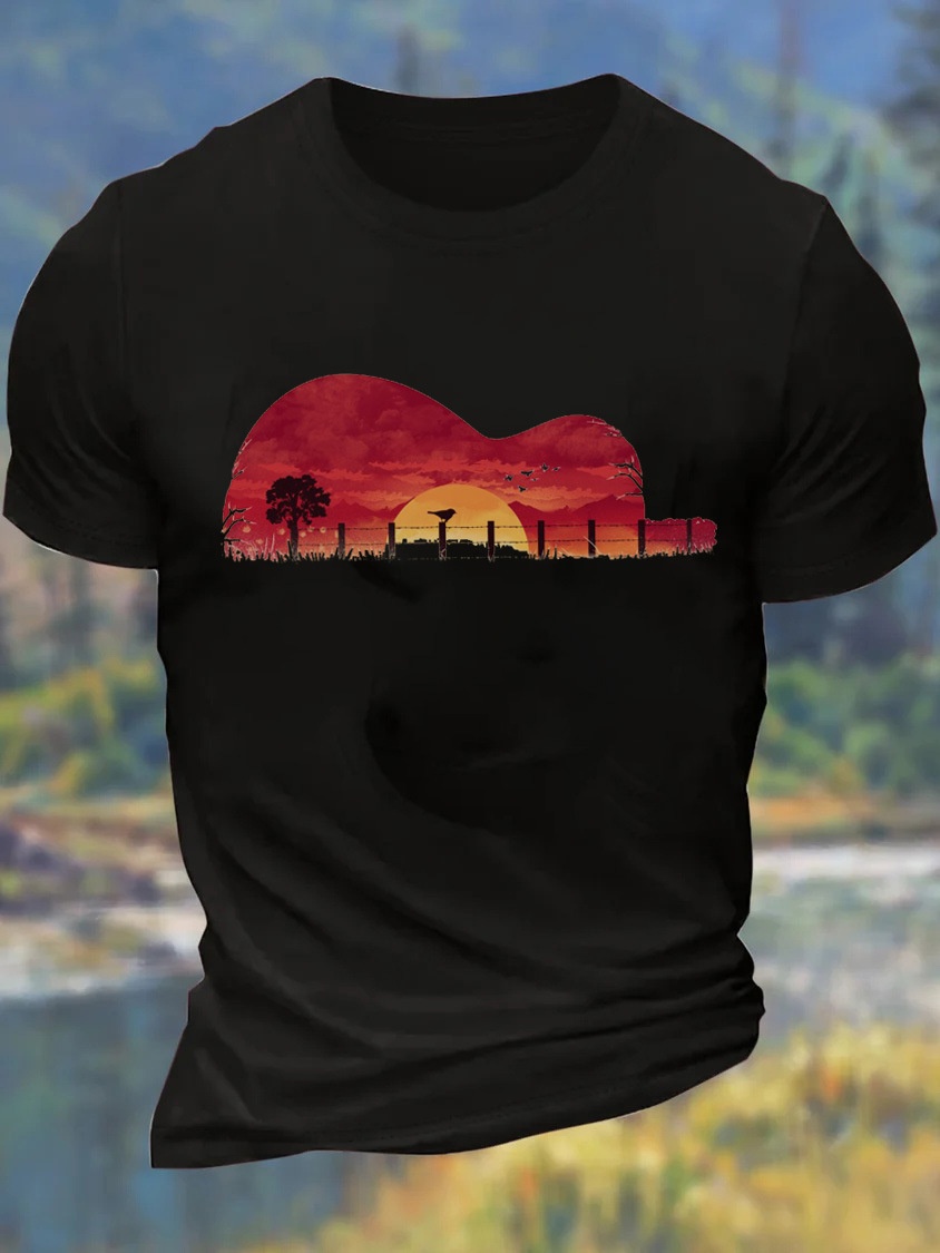 2025 New European & American Guitar Sunset Pattern Euro Size Oversized Crew Neck Printed Men's T-Shirt - TT7525