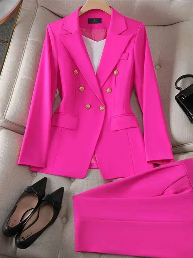Elegant Office Womens Two Piece Set Double Chest Long Sleeve Jacket Loose Casual Pants