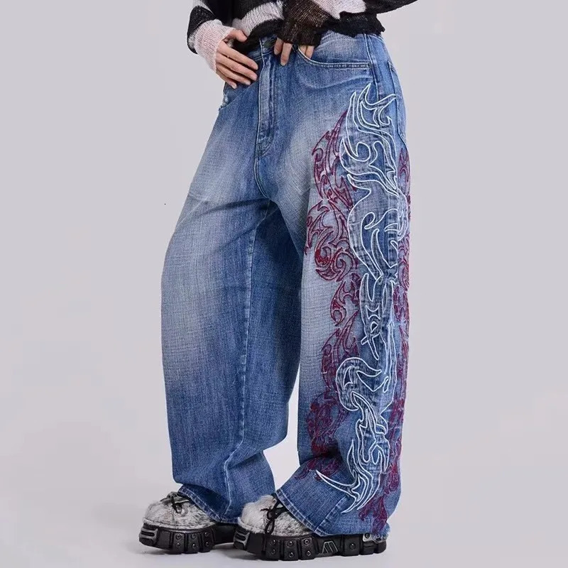 American Fashion Trend Old Pattern Embroidery Baggy Jeans Women Y2K Gothic Harajuku Casual High Waist Wide Leg Trousers 251029