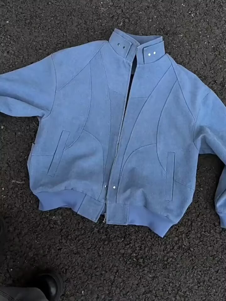 American Style Blue Workwear Jacket For Men Spring And Autumn Coat Designer Jacket With High-end Feel Stylish And Cool Oversized Stand Collar Short Ba