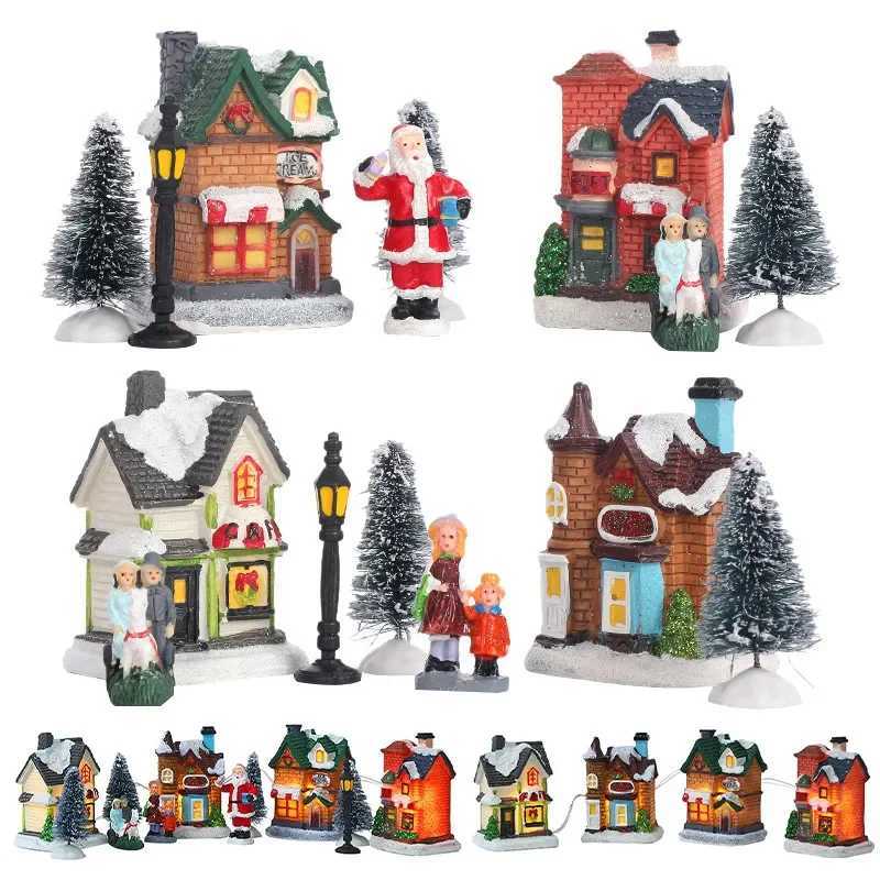 LED Resin Christmas Village Ornaments Set Figurines Decoration Santa Claus Pine Needles Snow View House Holiday Gift Home Decor C251030