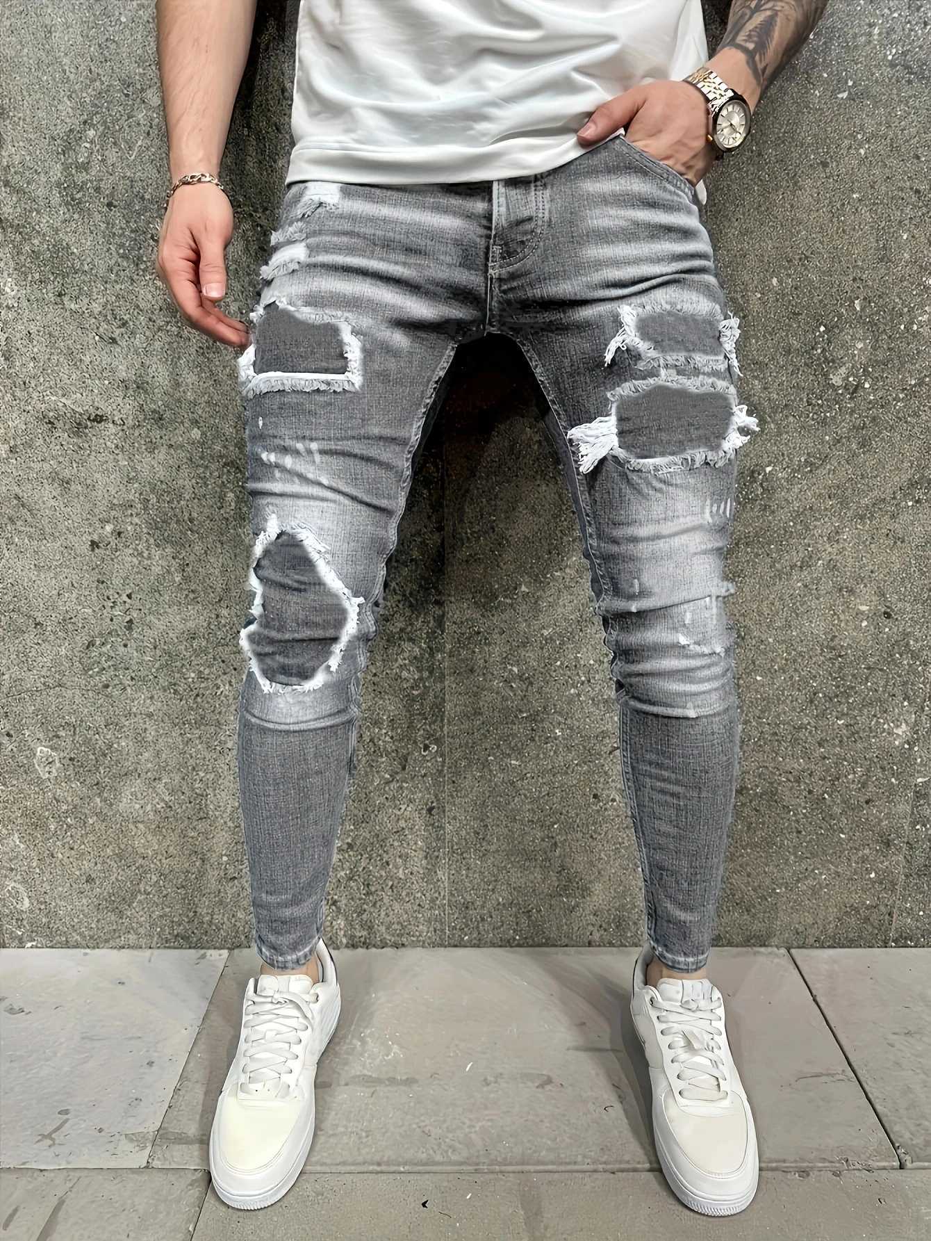 Mens Distressed Grey Jeans Street Style Slim Fit Ripped Denim Pants Trendy Casual Trousers for Daily Hip Hop Looks J251030
