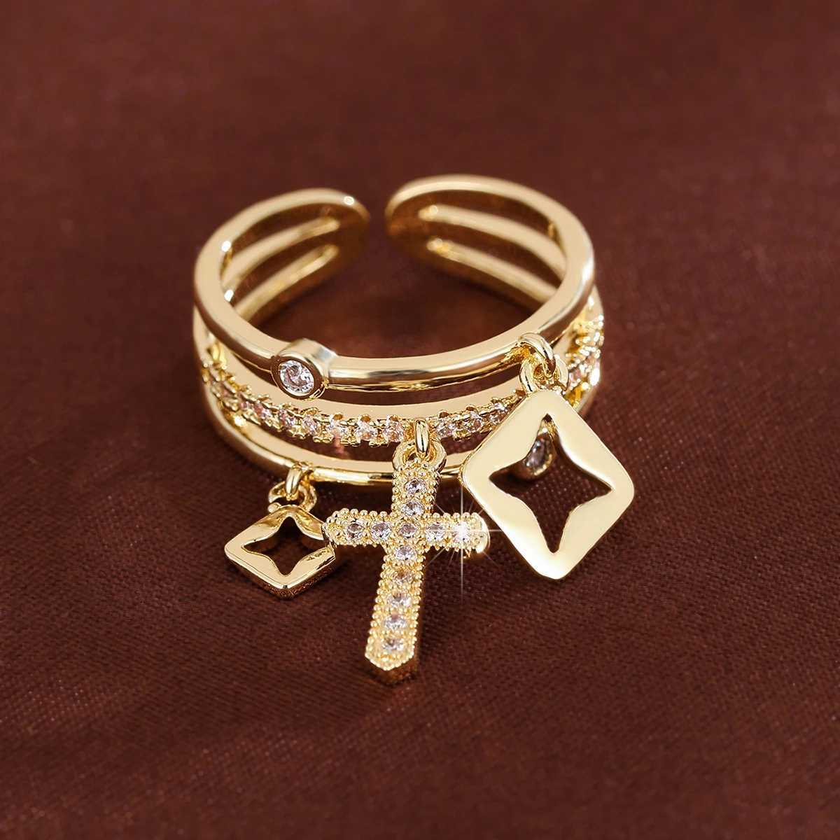 Unique crucifix Multi Layer Opening Ring Adjustable Womens Ring with Synthetic ZirconiaW251030