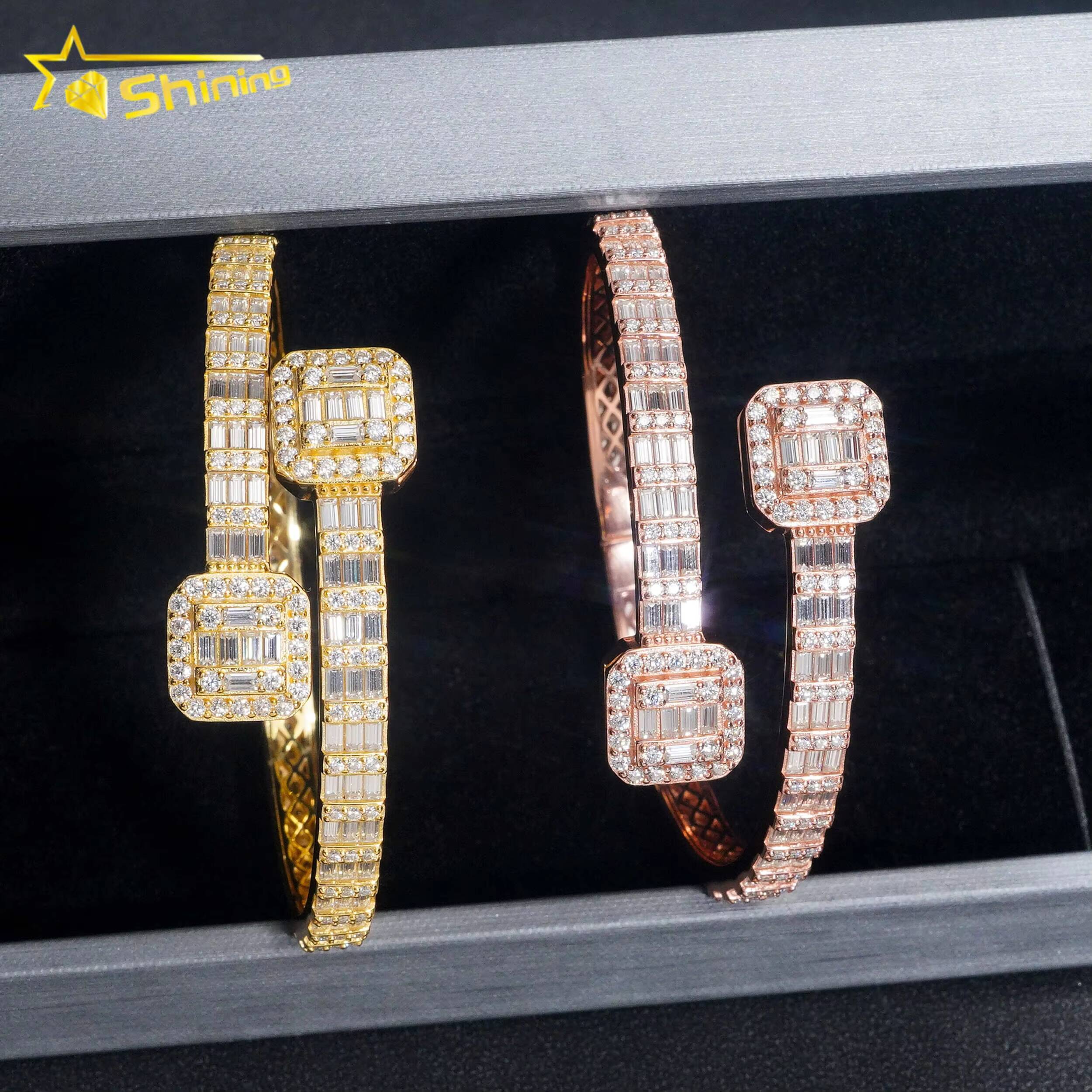 Factory Price Pass Diamond Tester Hip Hop Style 5MM Iced Out Baguette Diamond Square Clasp 925 Silver Moissanite Bangle Bracelet