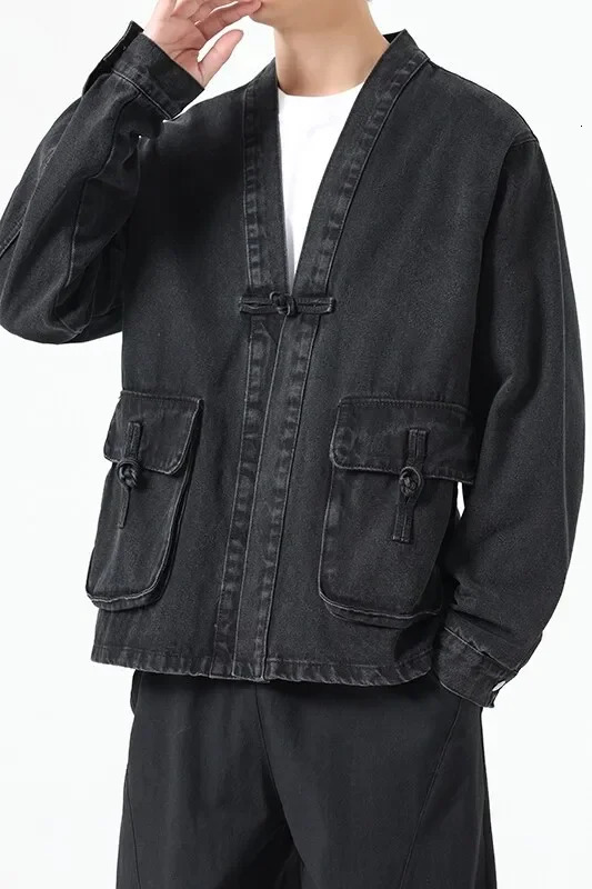 Fashion Men Denim Jacket Cotton Kimono Japanese Pocket Cardigan Coat Vintage Traditional Jackets Hip Hop Loose Outwear 251016