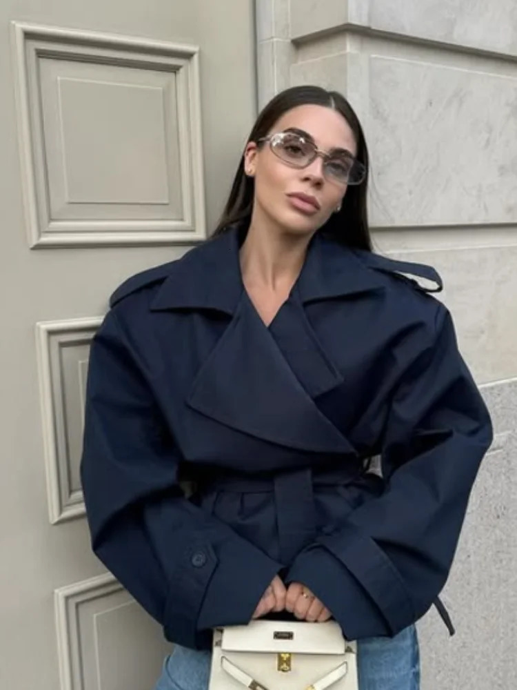 Women Lapel Lace Up Long Windbreaker Full Sleeve Shawl Waist Cinching Single Breasted Coats Lady Elegant Casual High Street Coat 251030