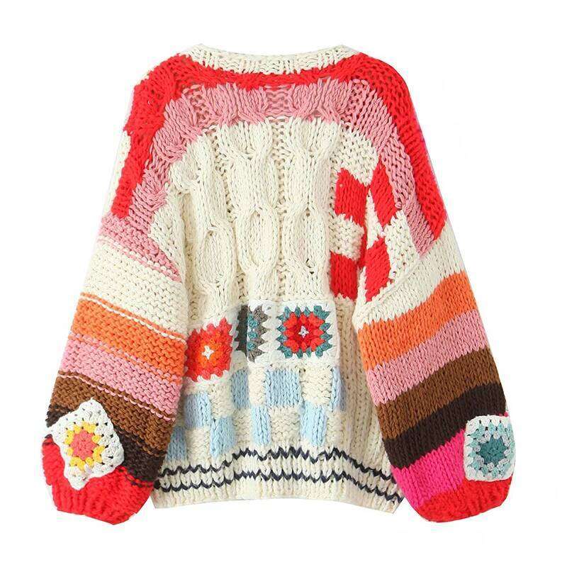 YENKYE Multicolor Handmade Crochet Cardigan Sweater For Women Lantern Sleeve Loose Boho Coat Autumn Winter Outerwear