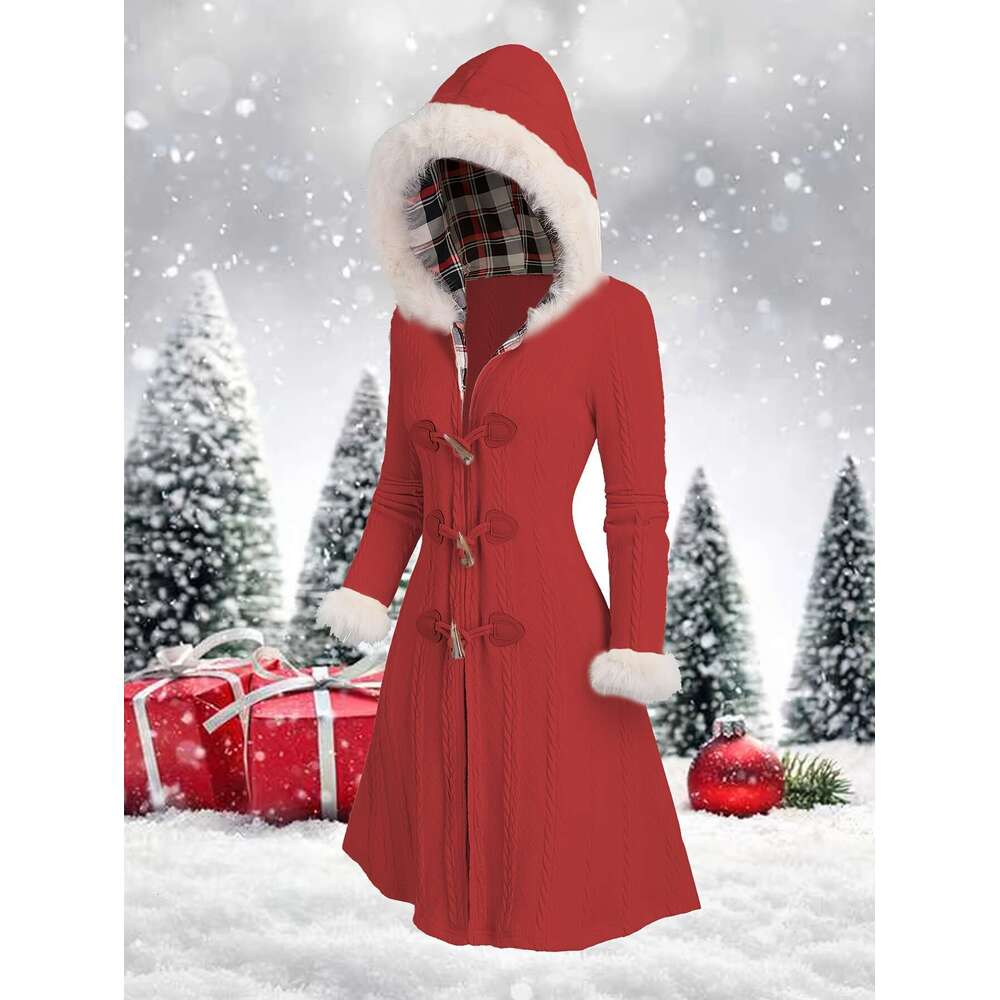 Y K Coat Y K Plaid Patchwork Hooded Coat Button Closure And Long Sleeves