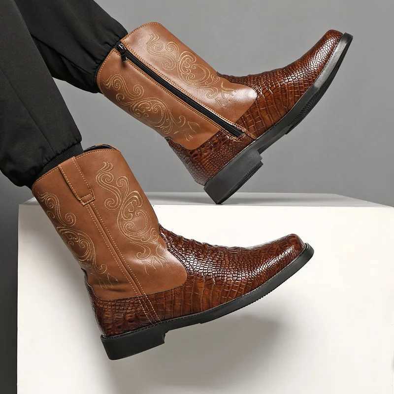 Mens Wide Width Tall Cowboy Boots Fall 2025 PU Leather High Shaft Western Embroidered Workwear Vintage Riding Boots for Outdoor Z251029