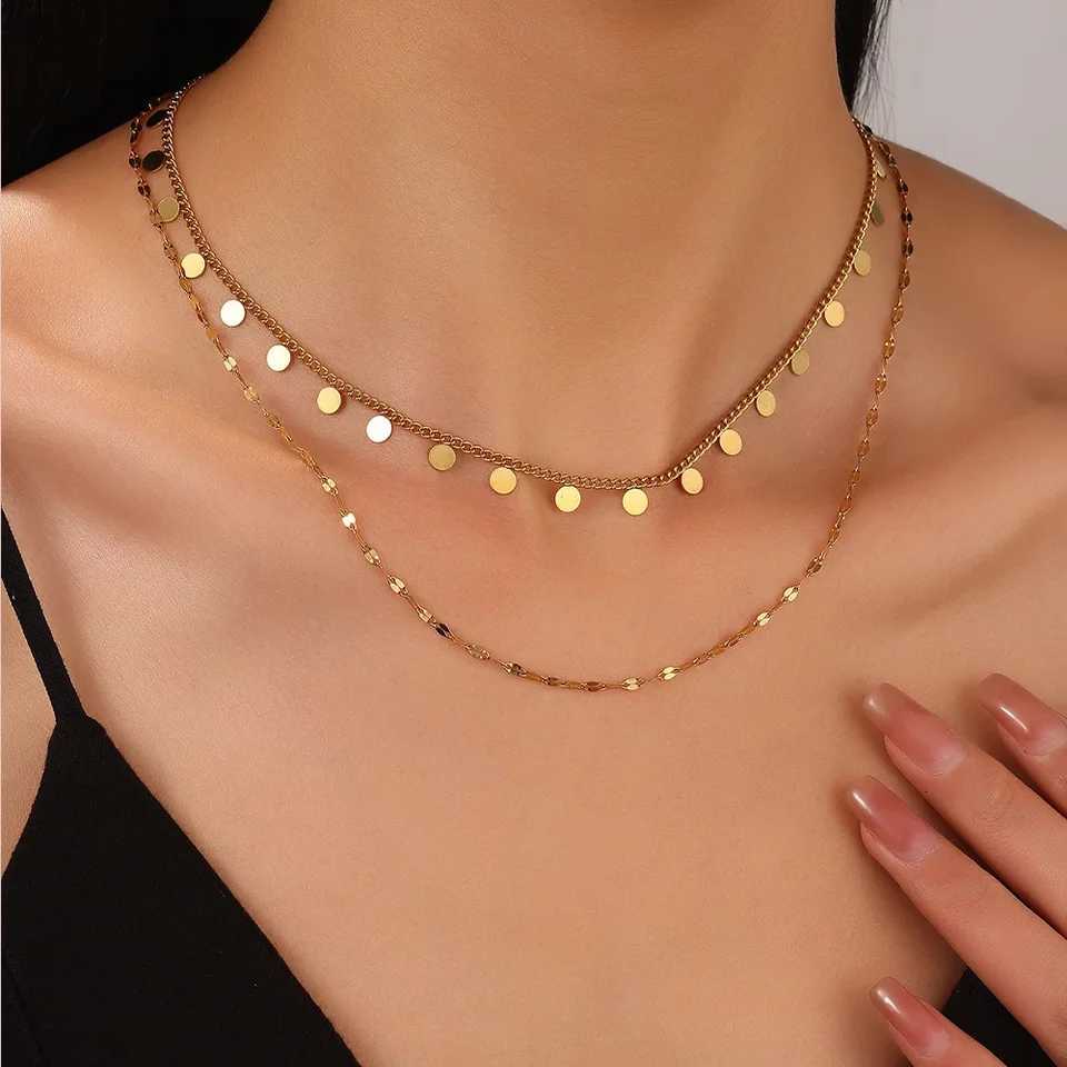 316L Stainless Steel Double Layered Round Coin Pendant Necklace For Women Fashion Simple Lip Chain Necklaces Female Jewelry GiftXJ251030