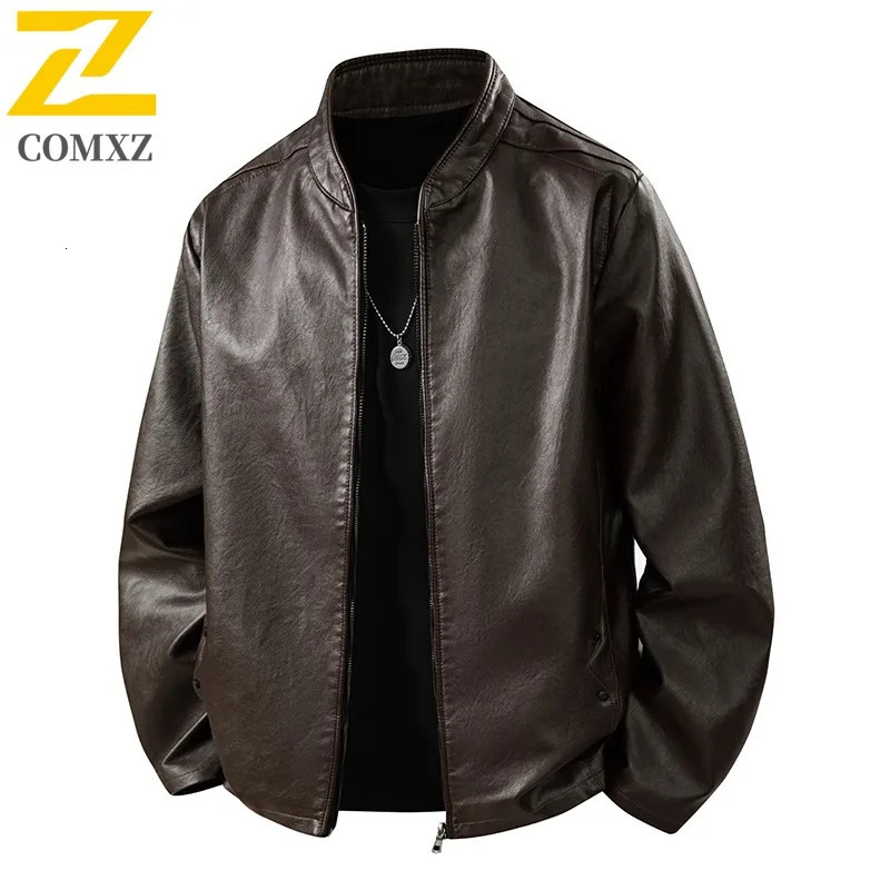 COMXZ Outdoor Sport Leather Jacket Youth Winter Waterproof Windproof Slim Men Coat Solid Color Motorcycle Stand Collar PU Top 251023