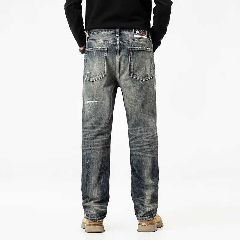 Retro jeans mens highend ripped and scraped patch design heavyweight washed nostalgic straight leg pants J251030