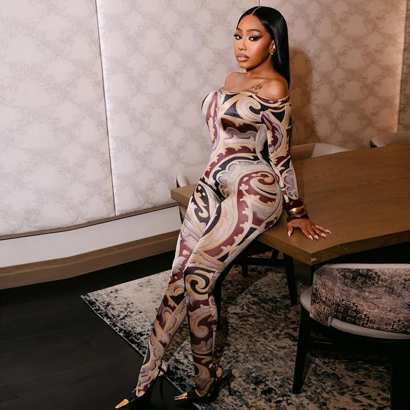 CUTENOVA Fall Colorful Printed WomenS Jumpsuit OneShoulder Strapless Long Sleeves Slim Fit Elastic Ankles Female 251028