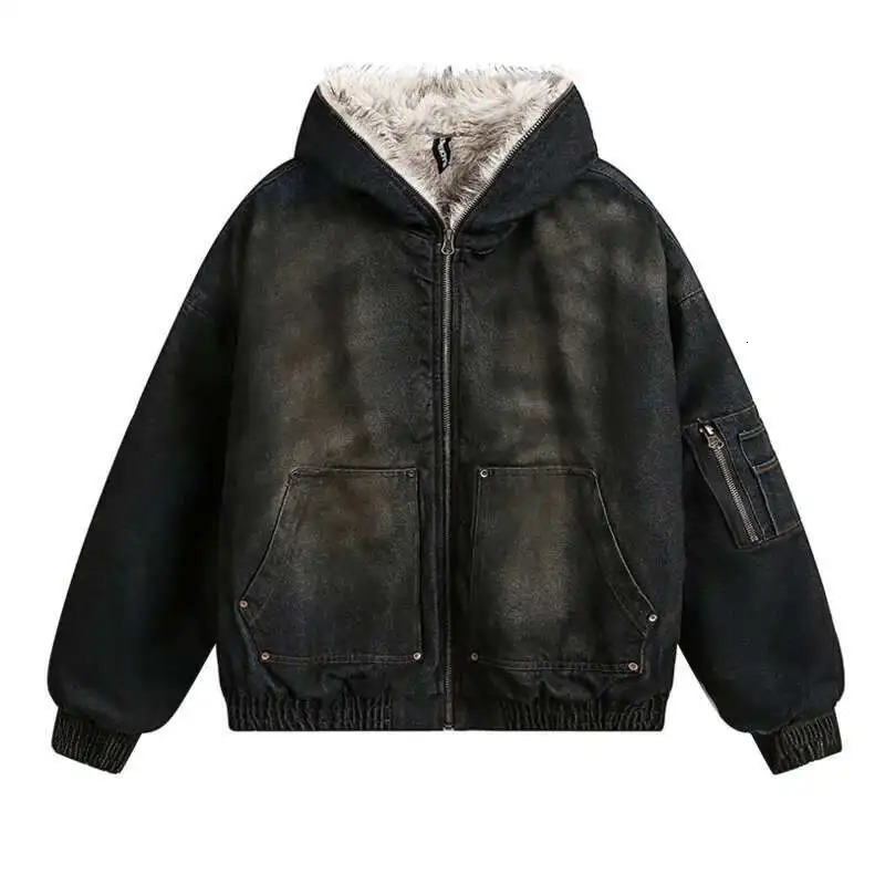 PFNW Menswear Thickened Denim Quilted Padded Jackets Autumn Winter Trend Oversized Fur Collar Hooded Cottonpadded Coat 251029