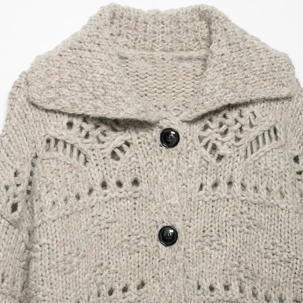 Woman Pointelle Chunky Knitted Cardigan Loose Singlebreasted Lapel Long Sleeves Solid Color Sweater Jacket Early Autumn Top 251029