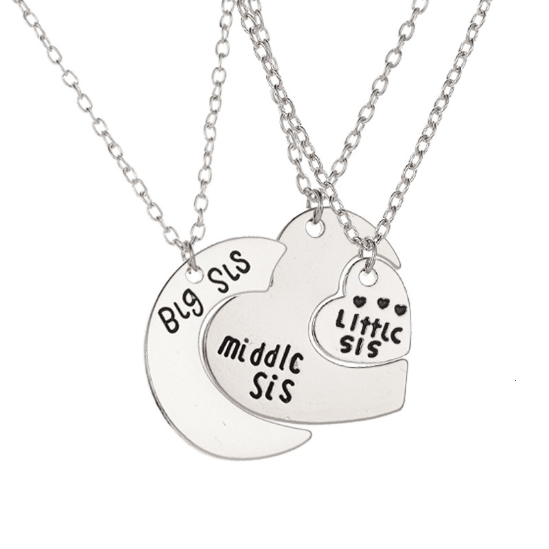 Family Letter Set of Three Large Medium Small Moon Heart Pendant Necklace