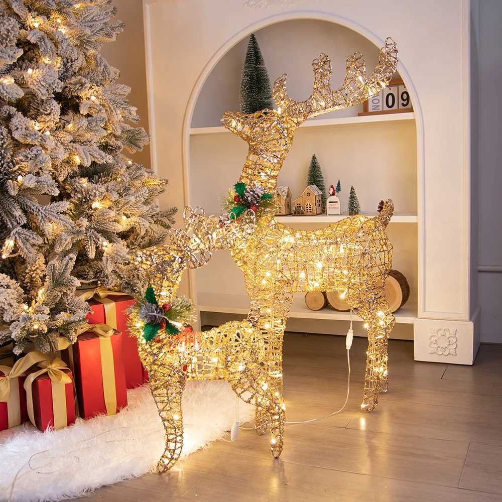 Christmas Iron Deer Ornaments Golden Reindeer Cart Elk Garden Decoration Christmas Tree Matching Scene Deer Light New Year Decor C251030