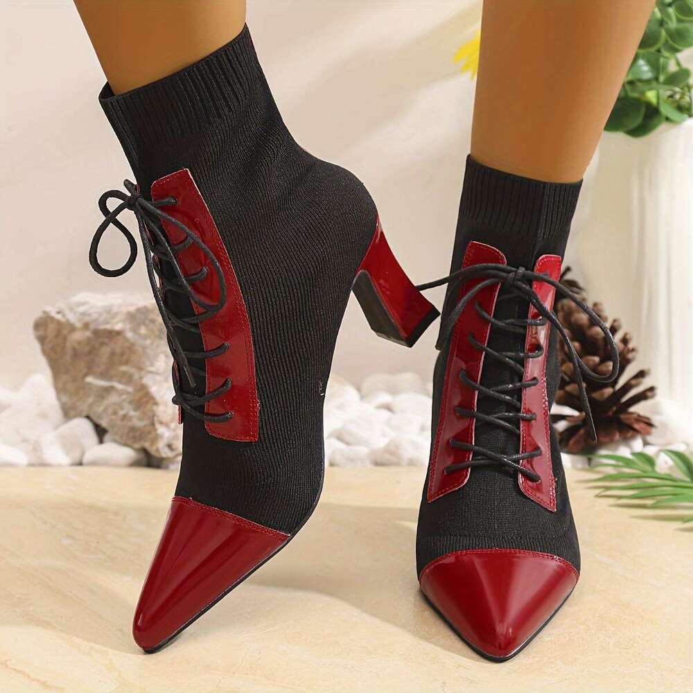 Black And Red Classic Combination Pointed Women's High Short Thick Heels With Adjustable Laces Comfortable Street Shoes Outdoor Boots
