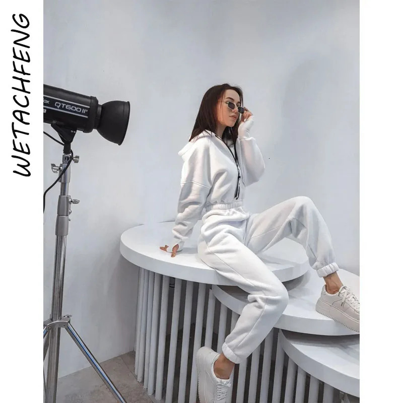White Overalls For Women Autumn Winter Fleece One Piece Hooded Zipper Long Sleeve Sweatshirts Pants Outfits Jumpsuits Clothes 251027