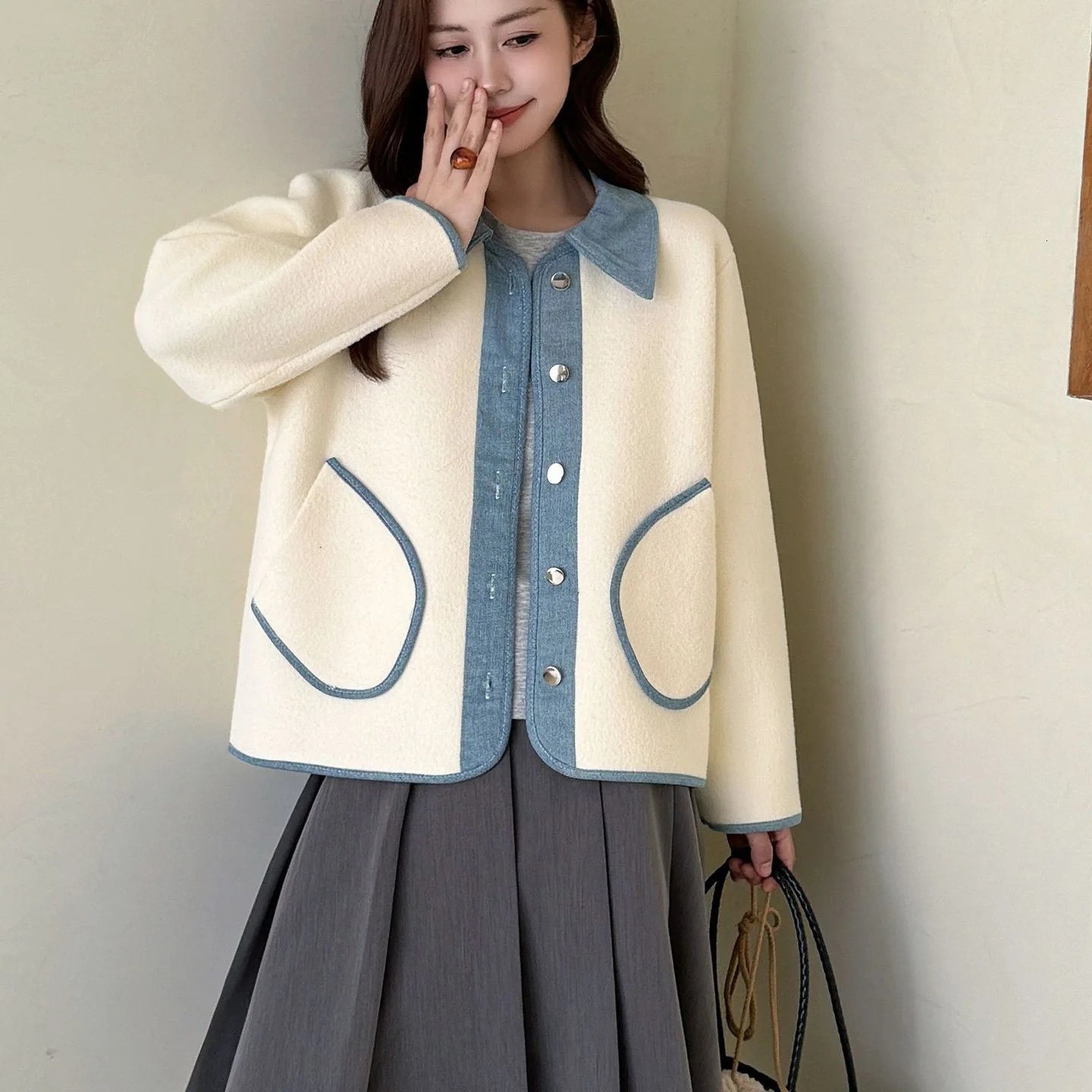 Women Cardigan Coats Denim Splice Jackets Sweaters Turn Down Collar Casual Loose Y2k Streetwear Elegant Knit Autumn Winter 251029