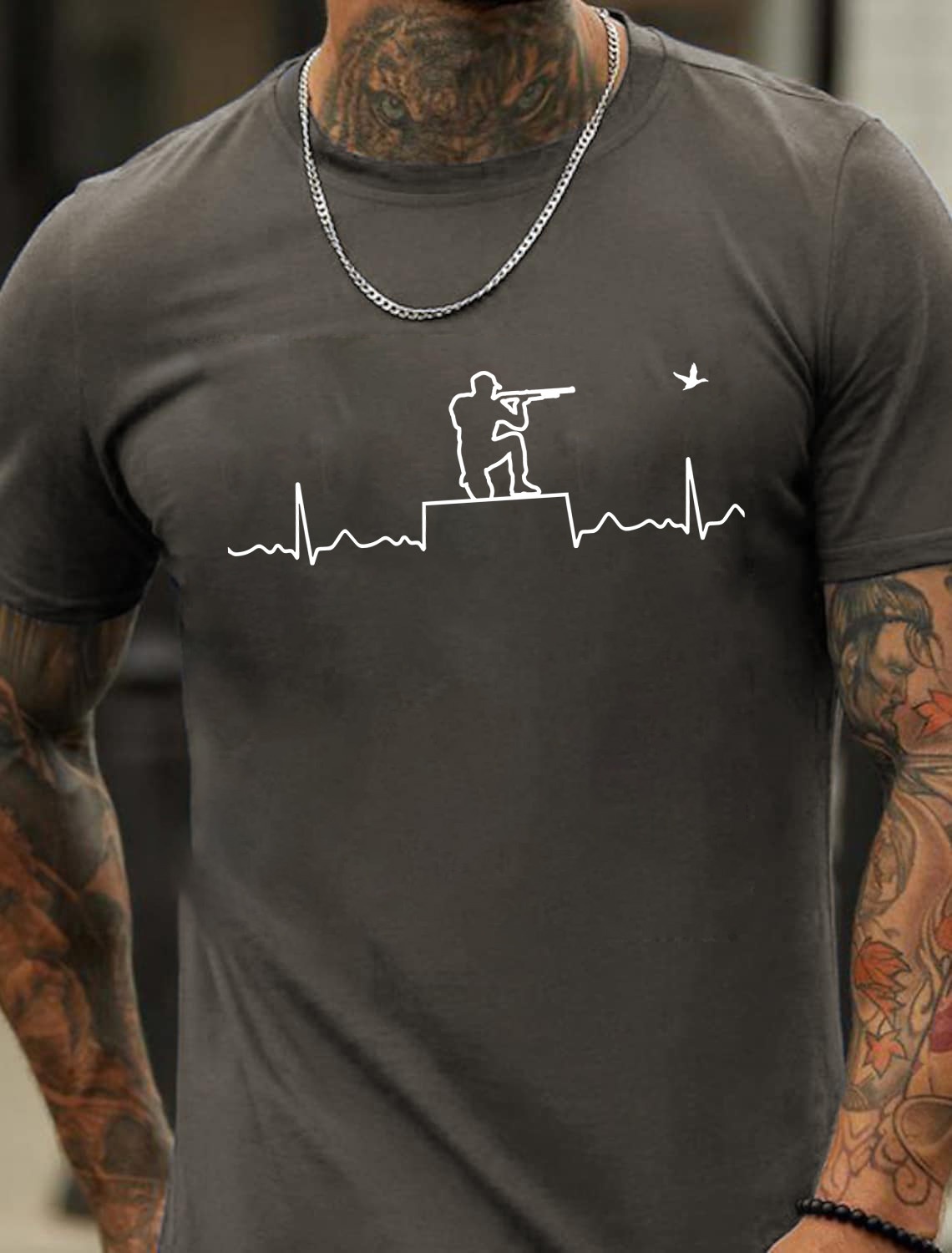 European & American Oversized Hunting Heartbeat Line Print Men's Cotton Summer T-Shirt - TT7082