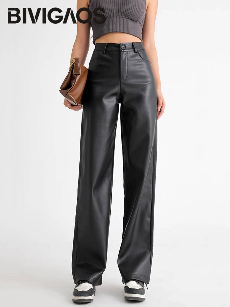 winter jacket women BIVIGAOS Fall Winter Fleece Loose Wide Leg Warm Leather Women Button Pocket High Waist Thick PU Casual Straight Pants534