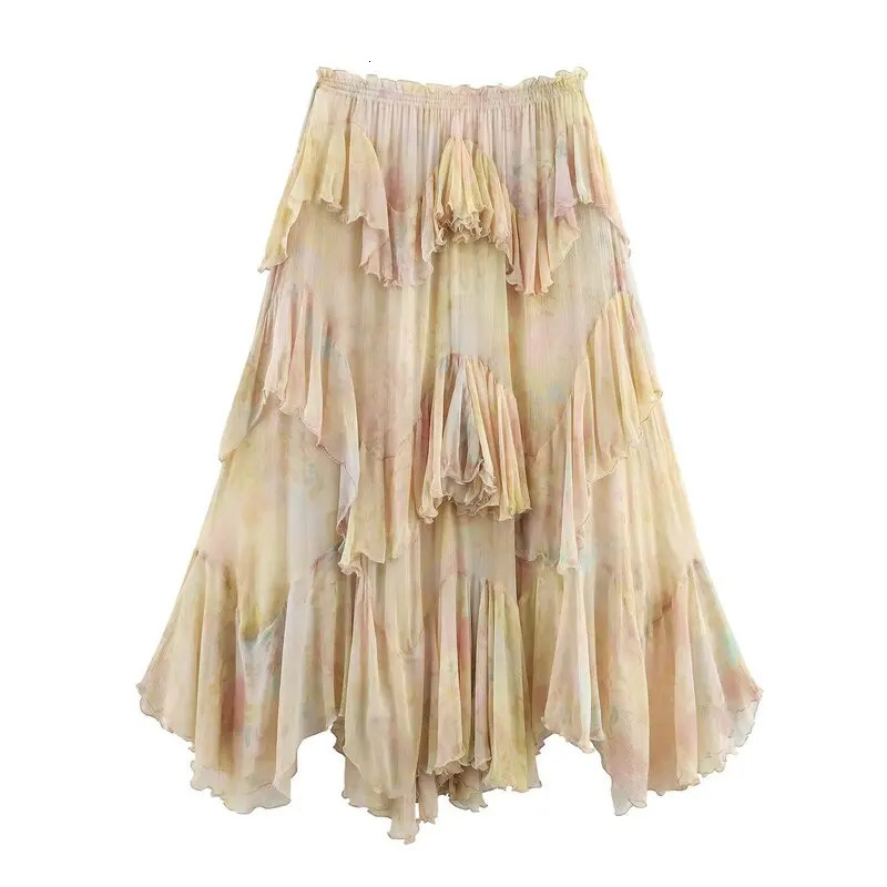Summer 2025 Long Printed Layered Decorative Skirt Womens Faion High Waist Midi Skirt Floral Patterned Skirts 251028