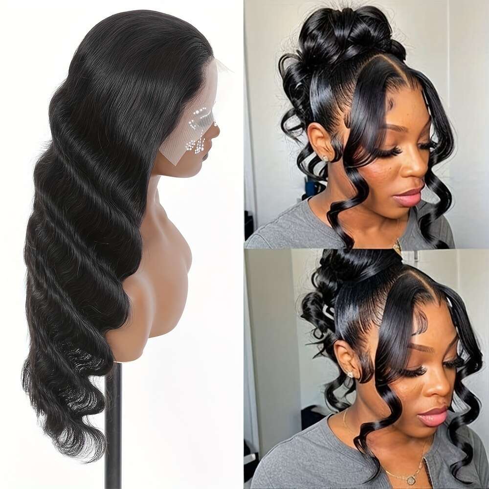 Women's 13X4 Transparent Pure Human Female Remy Brazilian Hair Pre-Drawn Body Wave Gel Free Wear And Go Lace Front Wig 200% Density Natural Black
