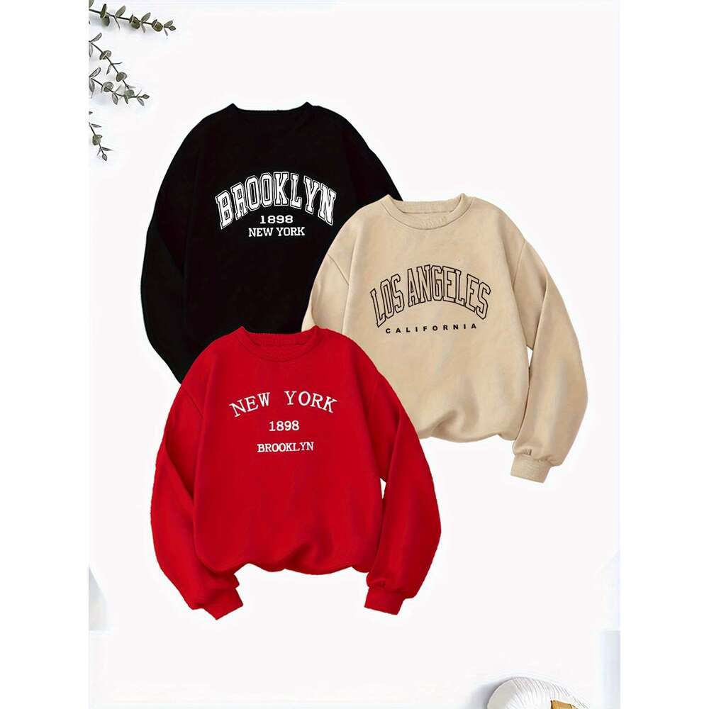 Pack Women S Casual Crew Neck Sweatshirts Polyester Knit Fabric Long Sleeve Alphabet Print Pullovers Slight Stretch Regular Fit For Fall Winter