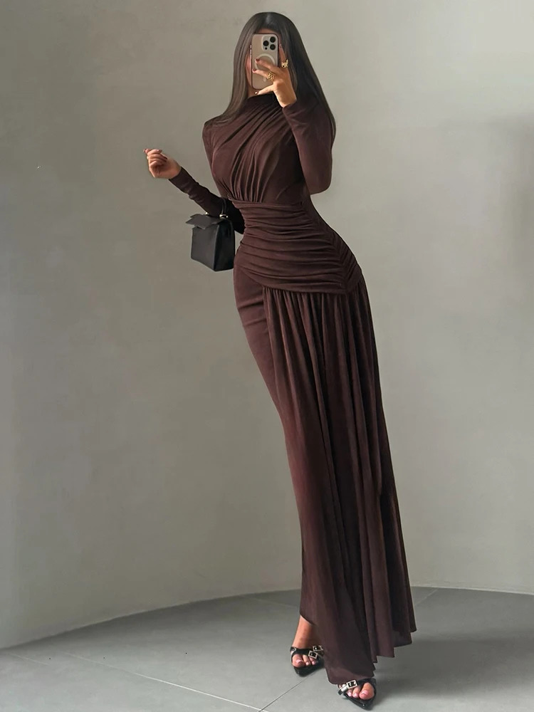 Nibber Folds Maxi Dress Women oNeck Full Sleeve Solid Banquet Elegant Vacation Fashion Autumn Skinny Casual Simple Vestidos 251027