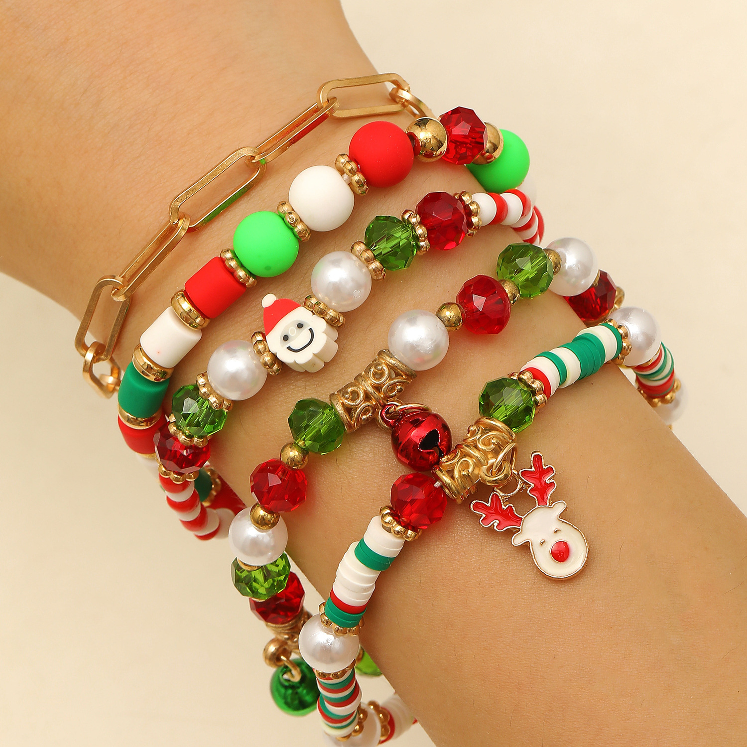 Colorful Holiday Inspired Beaded Bracelts Set: Santa Clause, Snowflakes, Elks