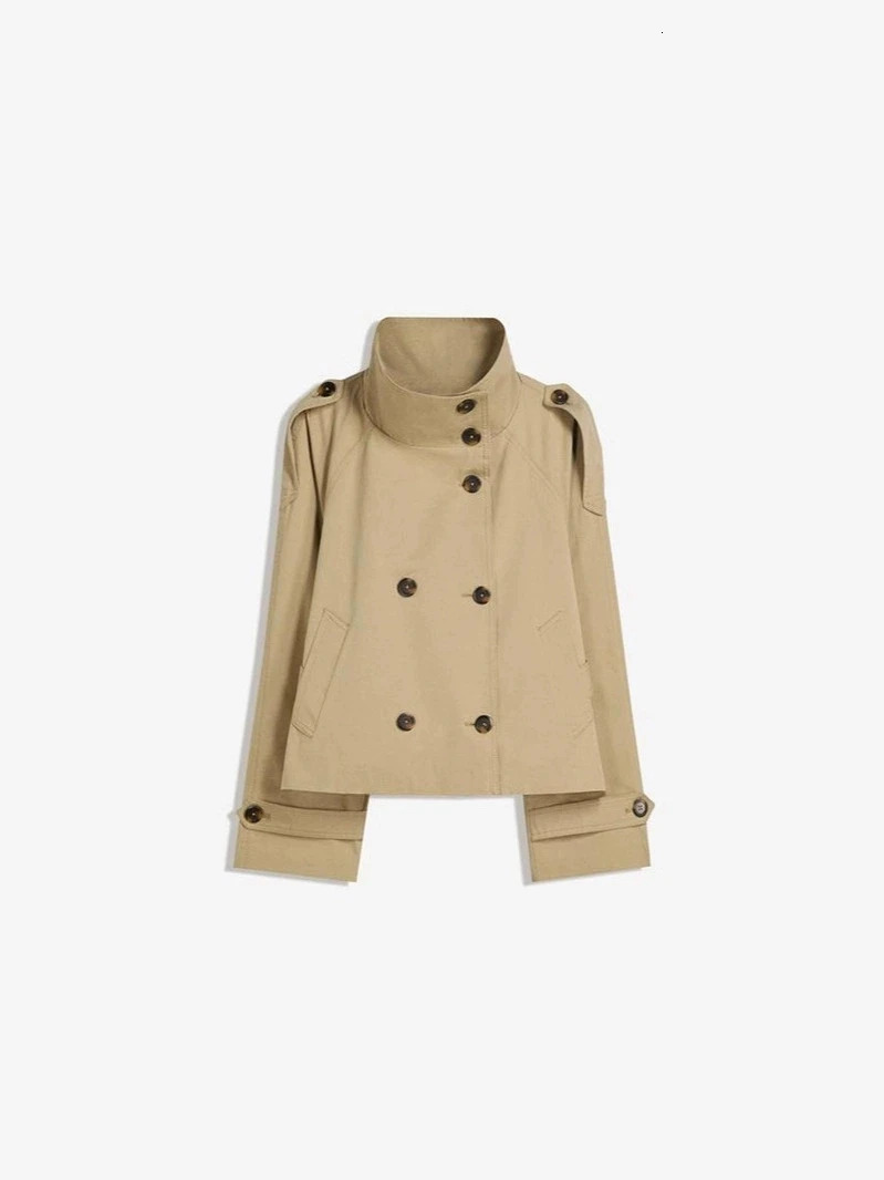 Spring Autumn Women Stand Collar Trench Coat 2025 With Belt Double Breasted Jacket High Street Long Sleeve Windbreaker Coat 251030