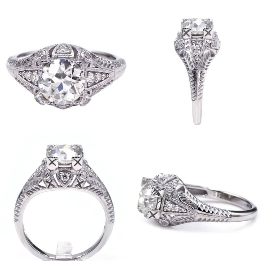 Tianyu Gems 8mm 2CT Round OEC Cut Moissanite Ring Vintage Milgrain 10k 14k 18k White Gold Wedding Engagement Rings for Women