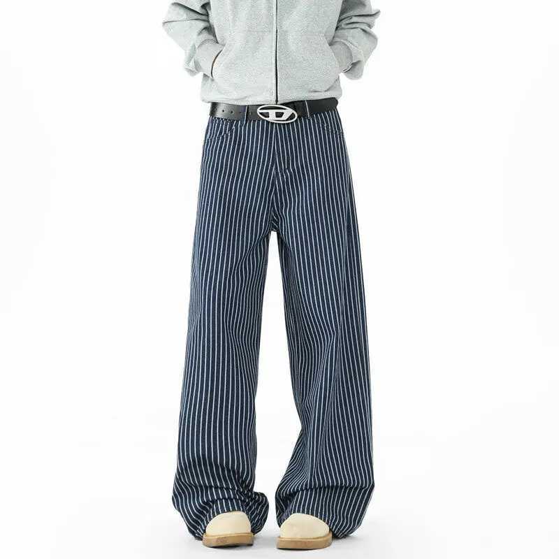 Blue Striped Jeans Men Fashion Casual Baggy Straight Jeans Men Streetwear Korean Loose Wide Leg Jeans Mens Denim Trousers S3XL J251030