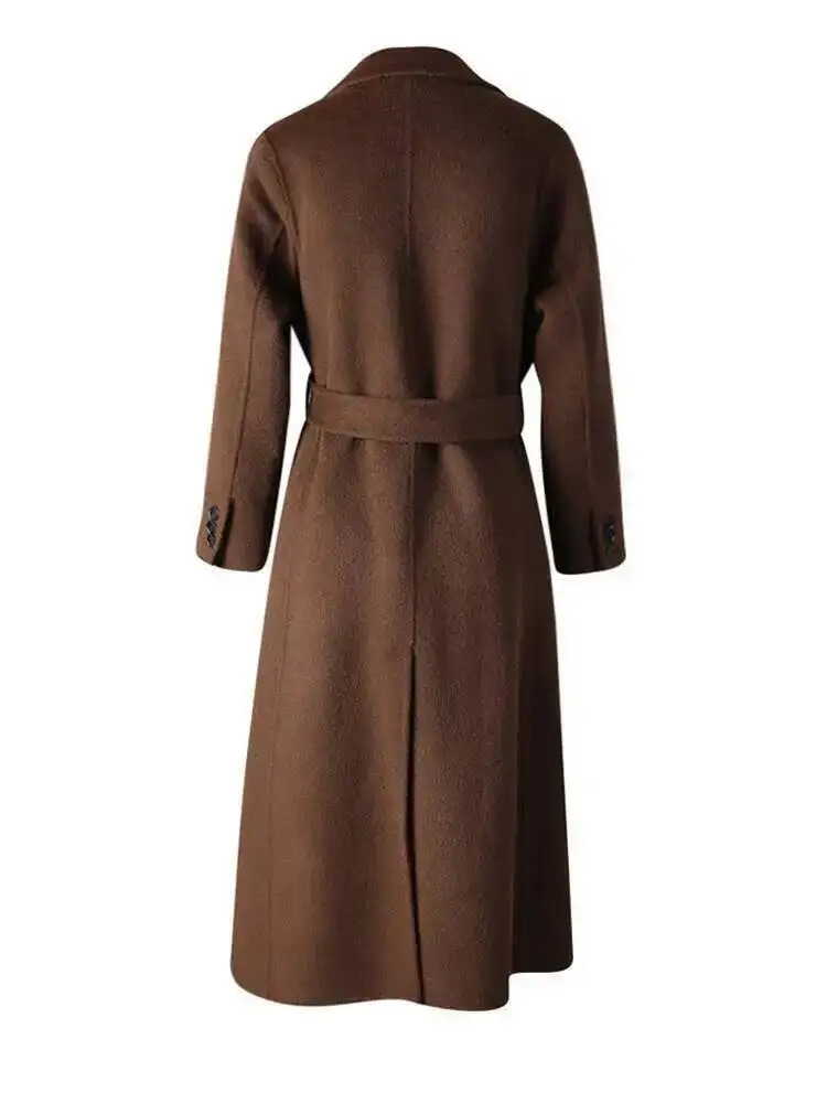 EAM Brown Belted Big Size Long Elegant Woolen Coat Lapel Sleeve Women Jacket Fashion Autumn Winter 2025 CPG4131 251010