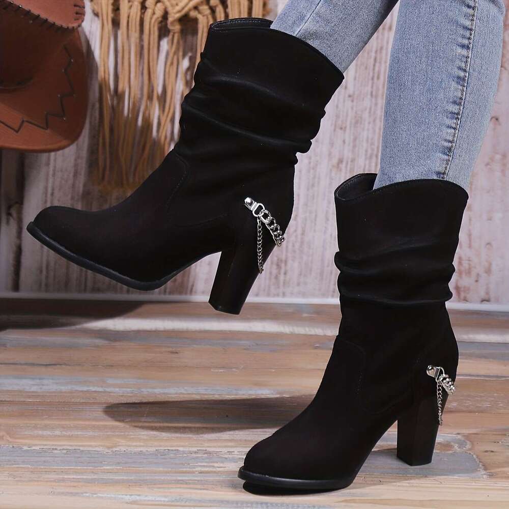 Women's Block Short Boots, Chain Decor Slouch Slip On Booties, Fashion Suedette High Heeled Booties